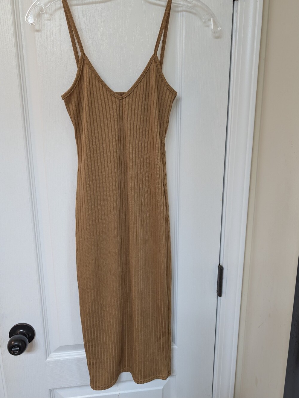 Slim Ribbed Spaghetti-Strap Dress in Light  Brown